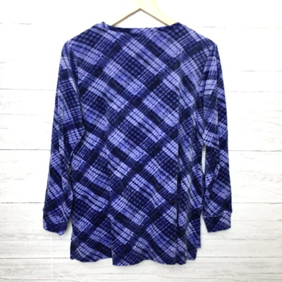 NEW Denim & Co. Women's Blue Plaid Top Velour Pullover Long Sleeves Hi Low Hem M - Picture 9 of 10